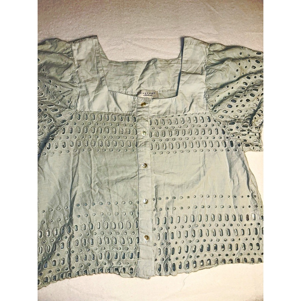 Calypso St. Barth Blue Eyelet Square Neck Button Front Puff Sleeve Blouse L